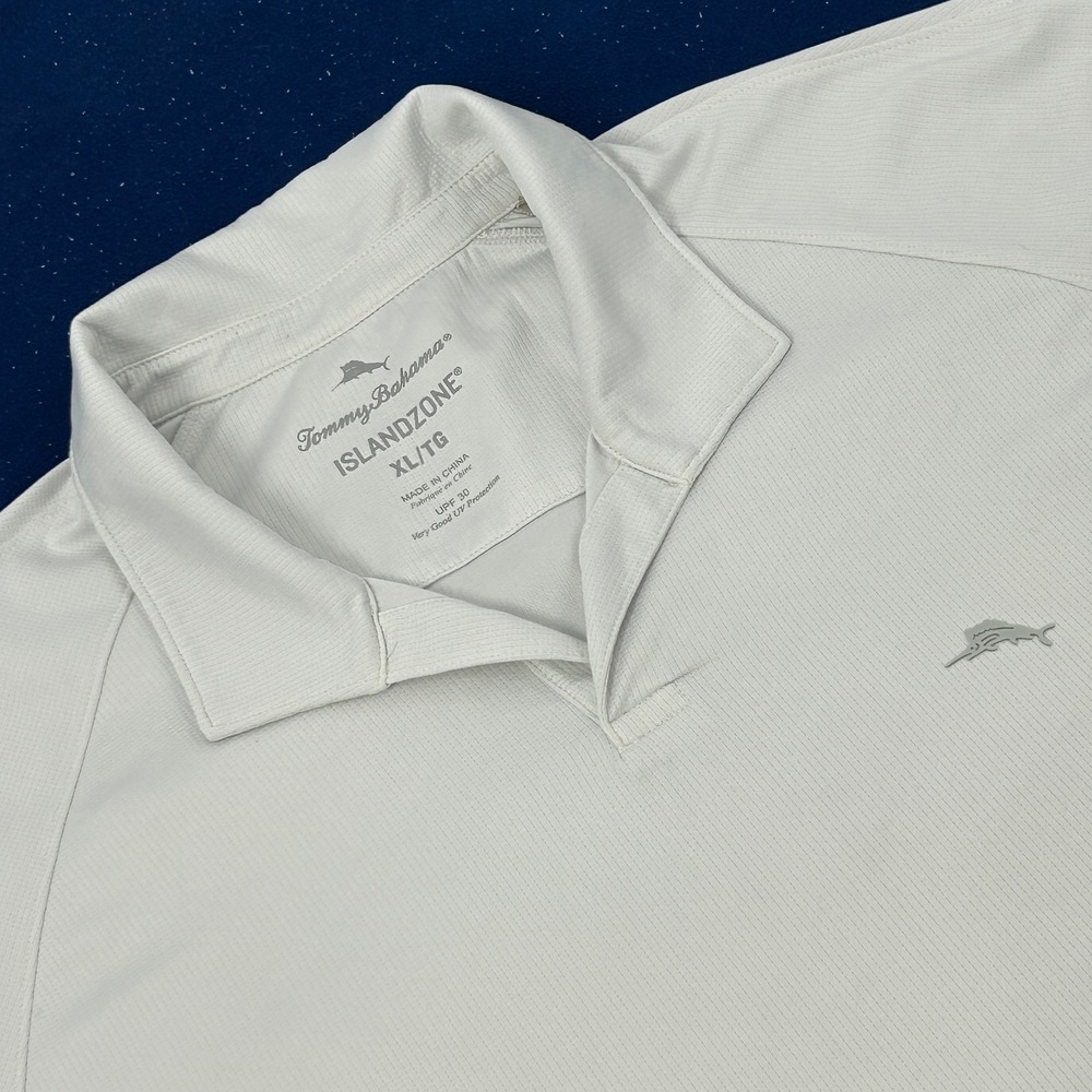 Tommy Bahama IslandZone Polo Shirt Mens XL White UPF 30 Short Sleeve Marlin Logo